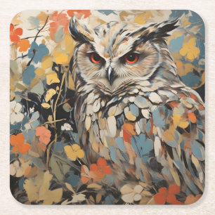 Owl and Flowers In Spring Painting Square Paper Coaster