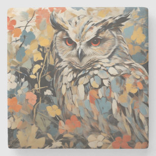 Owl and Flowers In Spring Painting Stone Coaster