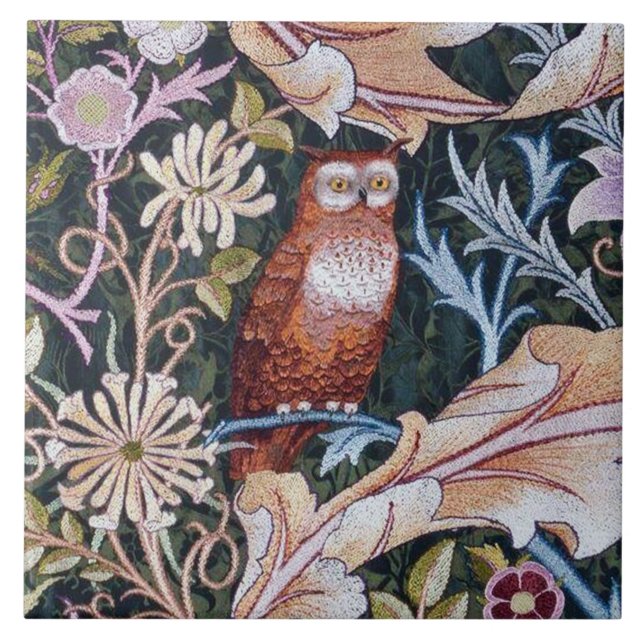 Owl and Flowers, William Morris Ceramic Tile (Front)