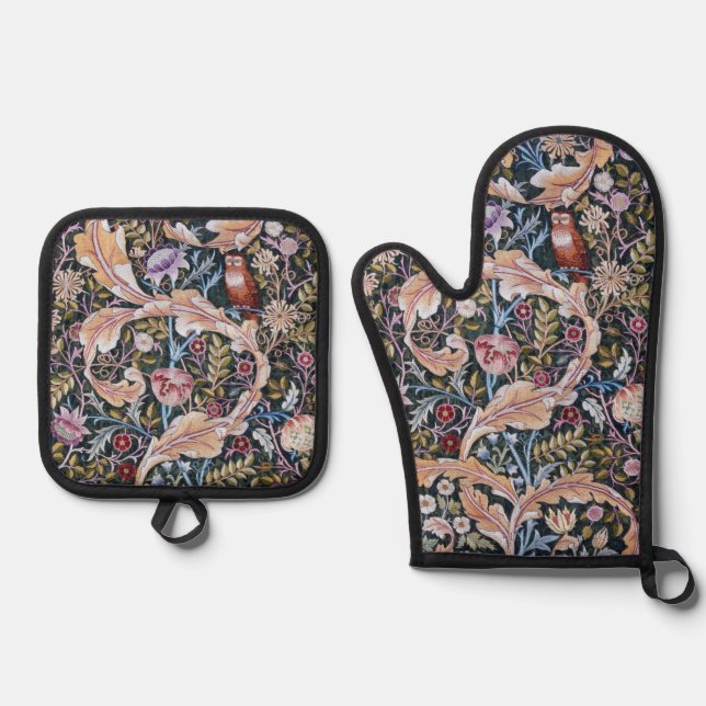 Owl and Flowers, William Morris Oven Mitt & Pot Holder Set (Front)