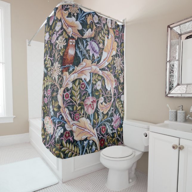 Owl and Flowers, William Morris Shower Curtain (In Situ)