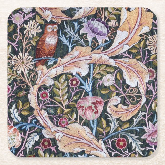 Owl and Flowers, William Morris Square Paper Coaster (Front)