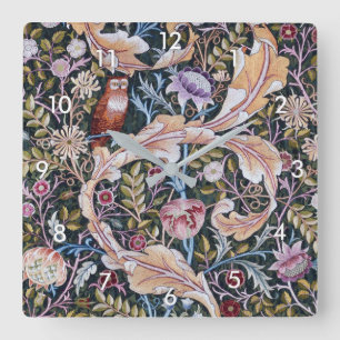 Owl and Flowers, William Morris Square Wall Clock