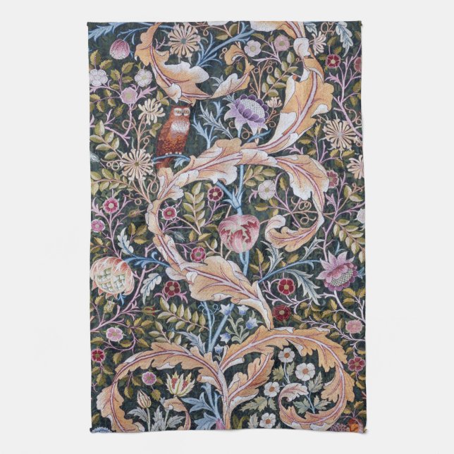 Owl and Flowers, William Morris Tea Towel (Vertical)