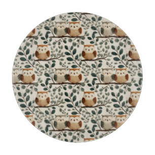 Owl and Forest Leaf Pattern Cutting Board