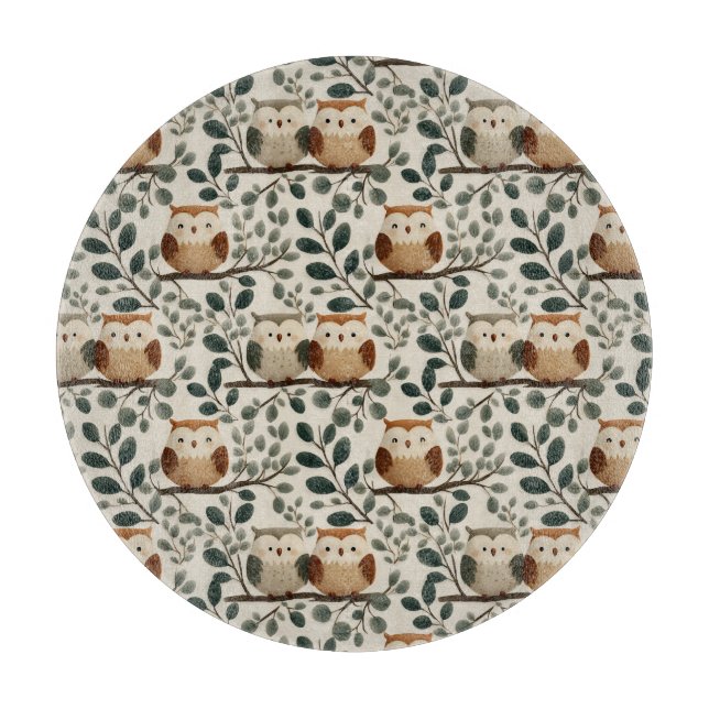 Owl and Forest Leaf Pattern Cutting Board (Front)