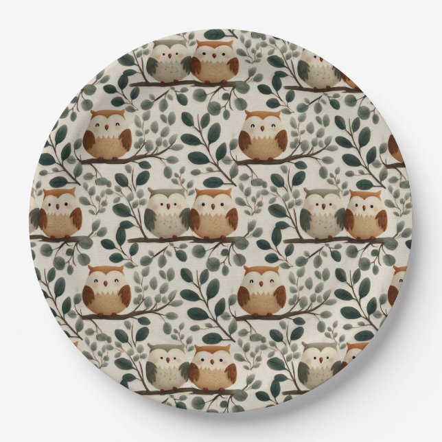 Owl and Forest Leaf Pattern Paper Plate (Front)