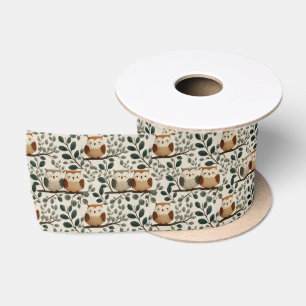 Owl and Forest Leaf Pattern Satin Ribbon