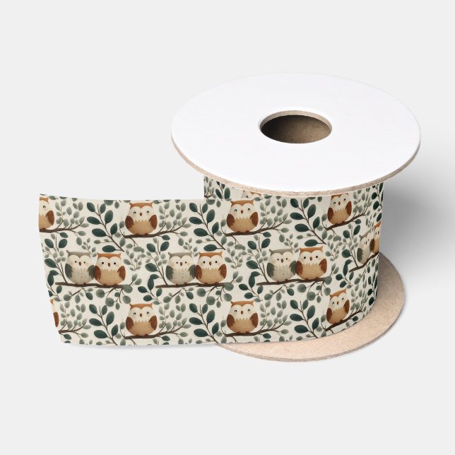 Owl and Forest Leaf Pattern Satin Ribbon (Spool)