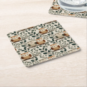 Owl and Forest Leaf Pattern Square Paper Coaster