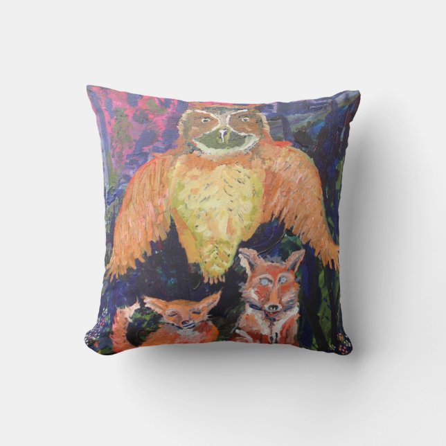 Owl and Foxes Whimsical Throw Pillow (Front)