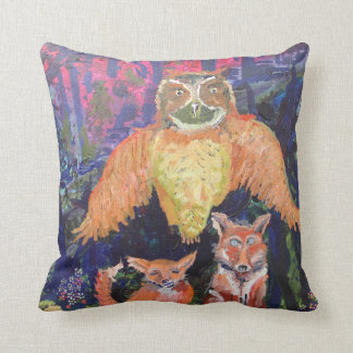 Owl and Foxes Whimsical Throw Pillow