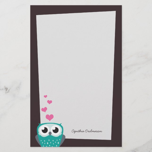 Owl and Love Hearts Note Paper (Front)