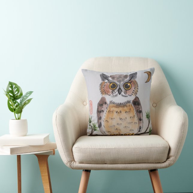 Owl and Moon Asian Oriental Inspired Art Cushion (Chair)