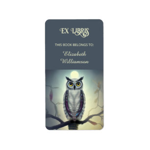 Owl And Moon   Ex Libris Add Name Bookplate Label