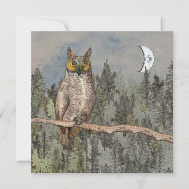 Owl and Moon Flat Thank You Card (Front)