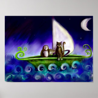 Owl and pussycat Quirky illustration Poster