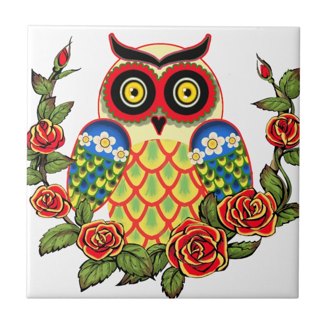 Owl and Roses Mexican style Ceramic Tile (Front)