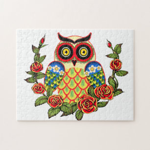 Owl and Roses Mexican style Jigsaw Puzzle