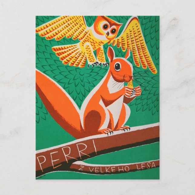 Owl and Squirrel Retro Czech Movie Poster Postcard (Front)
