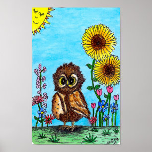Owl and Sunflowers Poster