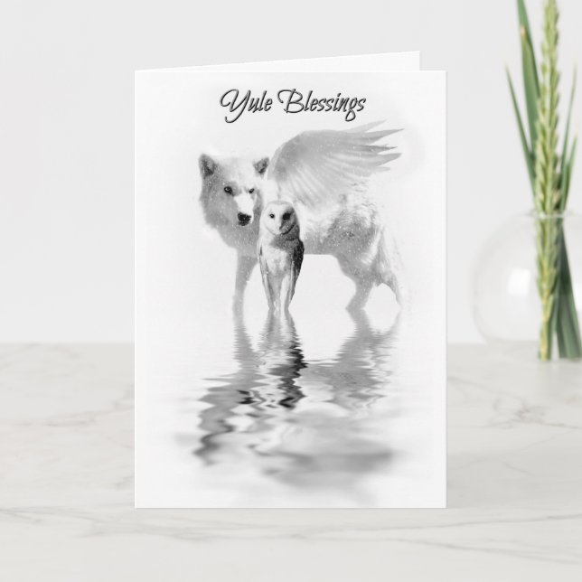 Owl and Winged Wolf Winter Solstice Yule Card (Front)