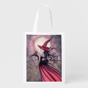 Owl and Witch Fantasy Art Reusable Shopping Bag