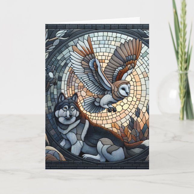 Owl and Wolf Mosaic Ai Art | Blank Card (Front)