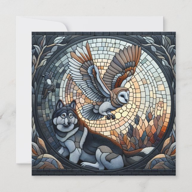 Owl and Wolf Mosaic Ai Art | Blank Card (Front)