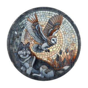 Owl and Wolf Mosaic Ai Art Cutting Board
