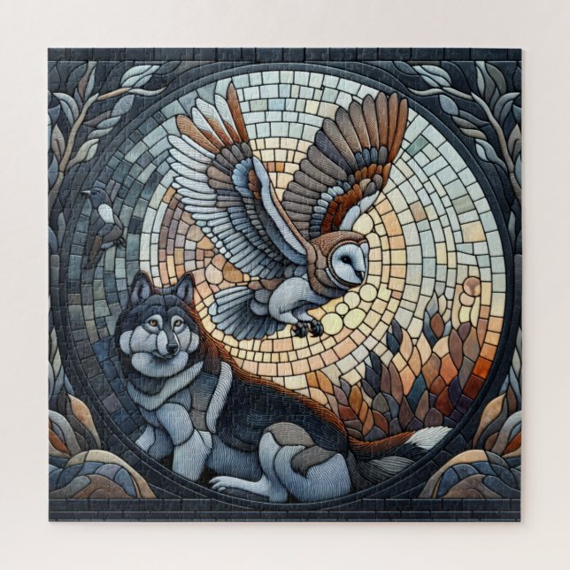 Owl and Wolf Mosaic Ai Art Jigsaw Puzzle (Vertical)