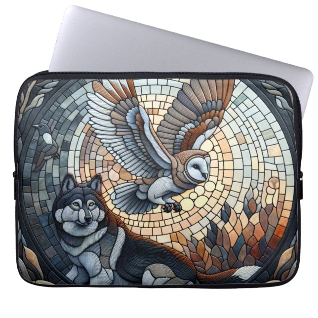 Owl and Wolf Mosaic Ai Art  Laptop Sleeve (Front)
