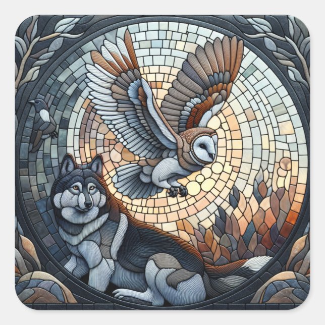 Owl and Wolf Mosaic Ai Art Square Sticker (Front)