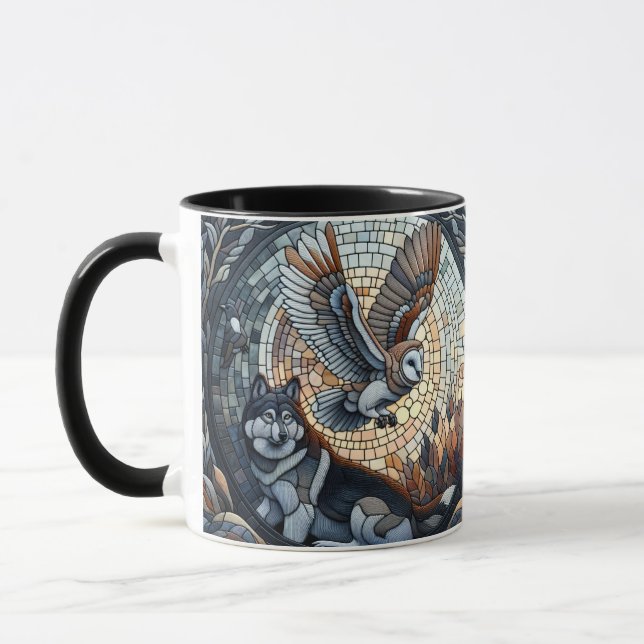 Owl and Wolf Mosaic Nature Ai Art  Mug (Left)