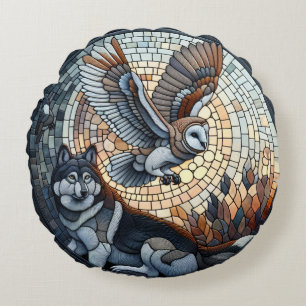 Owl and Wolf Mosaic Nature Ai Art   Round Cushion