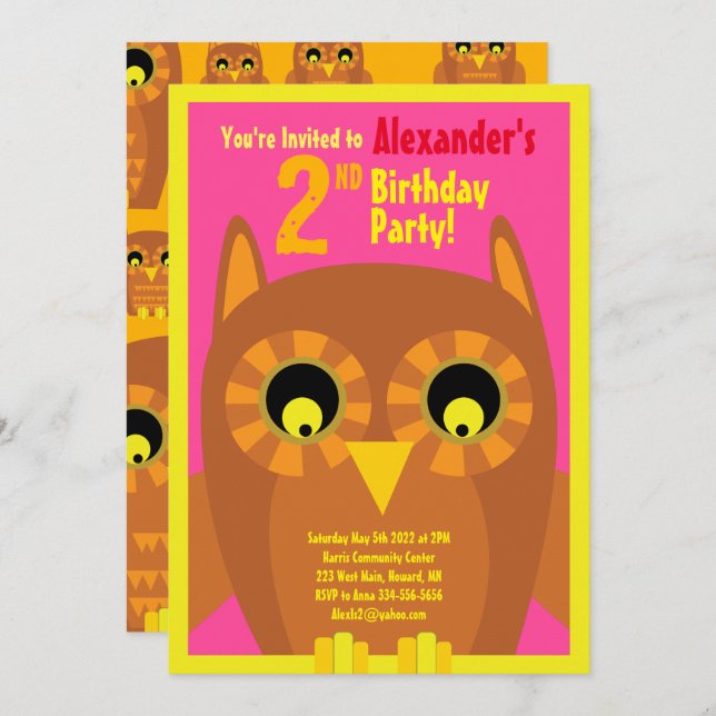 Owl Animal Kid's Birthday Party Invitations (Front/Back)