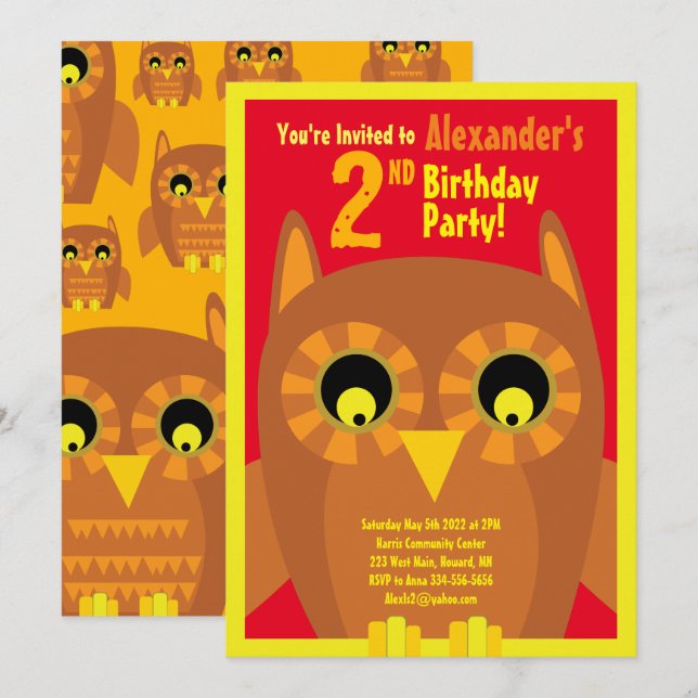 Owl Animal Kid's Birthday Party Invitations (Front/Back)