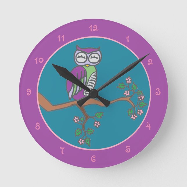 Owl Art Night Blue Round Clock (Front)