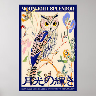 Owl Art Poster Japanese Typography, Moonlight