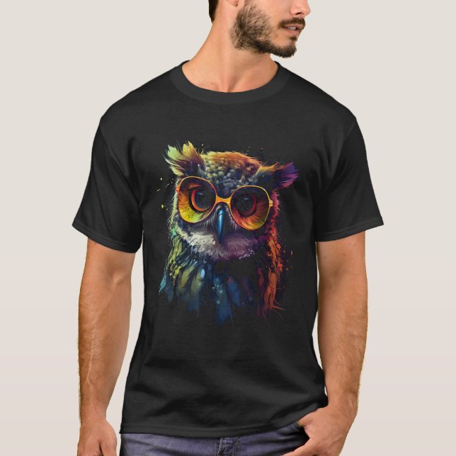 Owl Artwork  Animal Glasses Colourful Bird Owl T-Shirt (Front)
