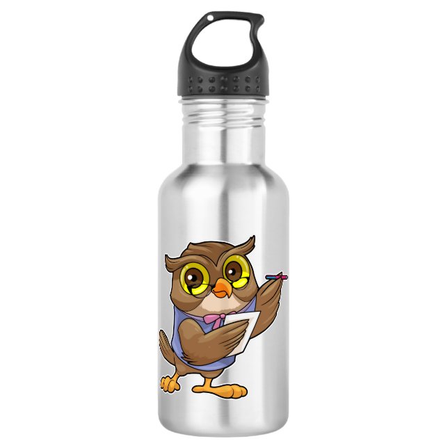 Owl as Secretary with Pen & Note 710 Ml Water Bottle (Front)