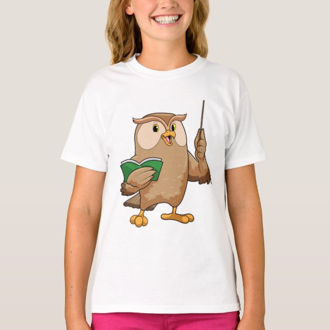 Owl as Teacher with Book & Pointer T-Shirt (Front)