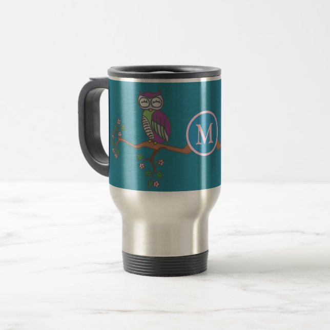 Owl at Night Illustration Monogram Travel Mug (Front Left)