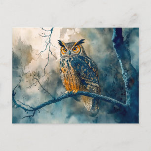 Owl at night sitting on a branch watercolor painti postcard