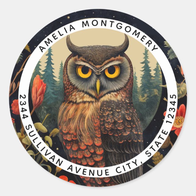  Owl at Night with a Full Moon - Address Classic Round Sticker (Front)