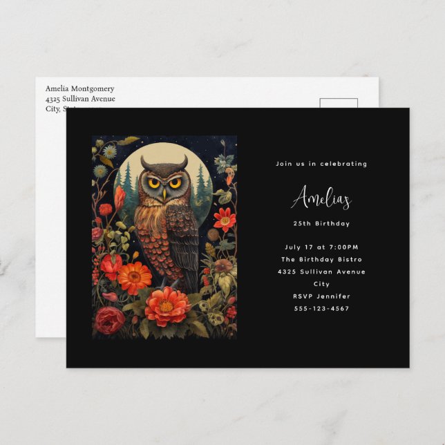 Owl at Night with a Full Moon Birthday Postcard (Front/Back)