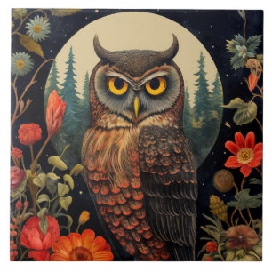 Owl at Night with a Full Moon Ceramic Tile