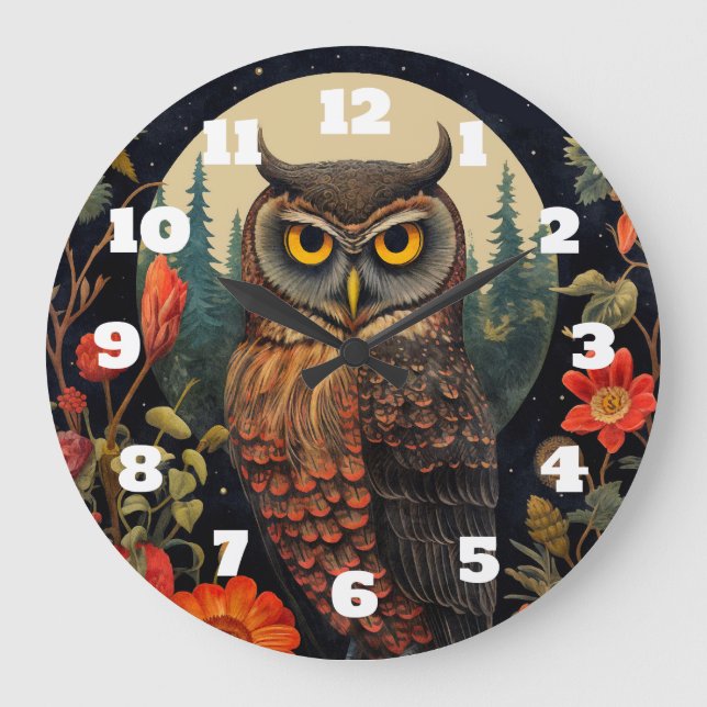 Owl at Night with a Full Moon Large Clock (Front)