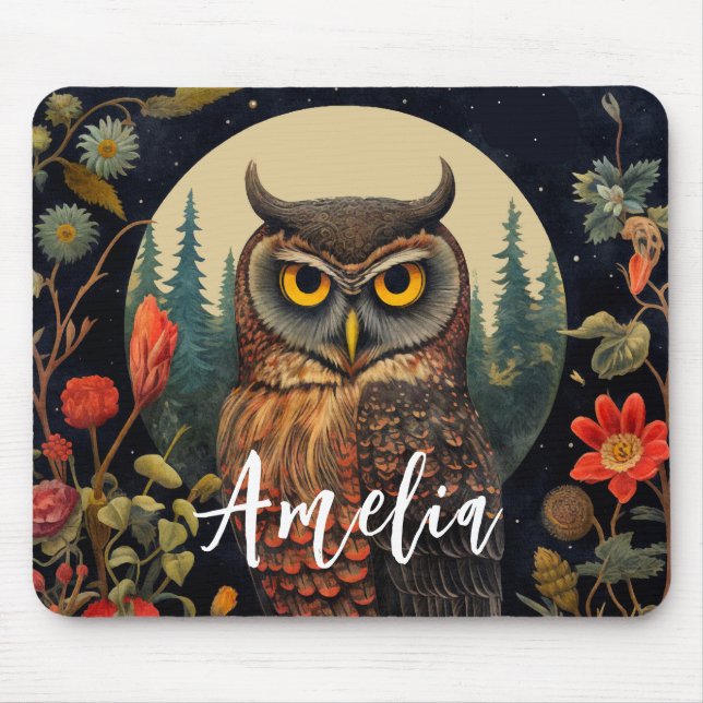 Owl at Night with a Full Moon Mouse Pad (Front)