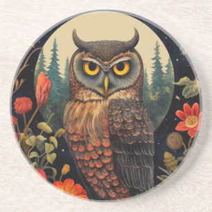 Owl at Night with a Full Moon Pattern Coaster